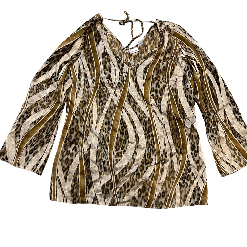 Newport News Vintage Leopard Zebra Print Sheer Burnout V-Neck Tie Back Blouse 16